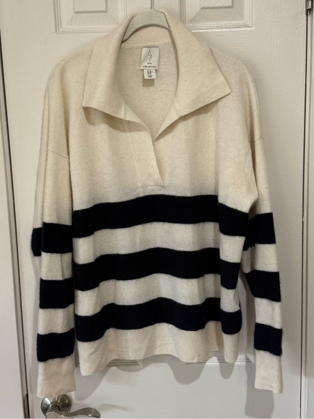 Joie Cream and Black Striped Cowl-Neck Sweater 100% cashmere